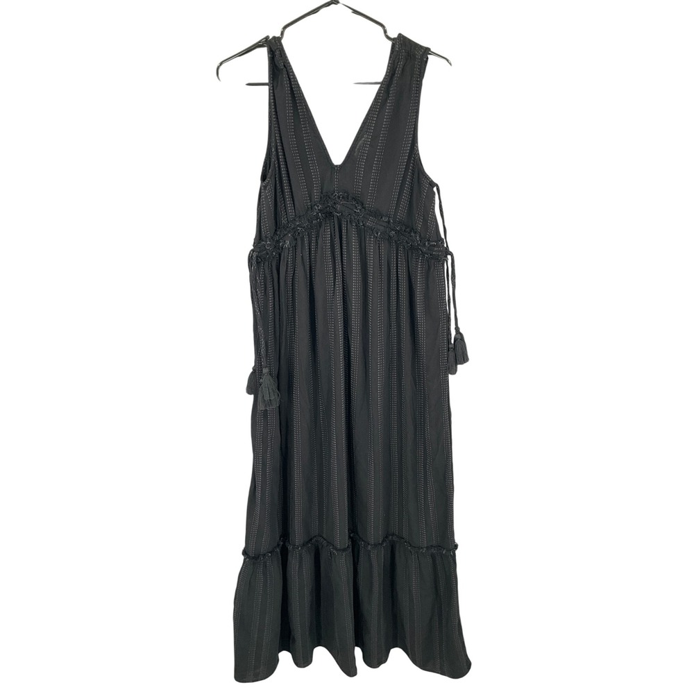 True Craft Women's Sz S Black Striped Maxi Dress Babydoll Tassel Detail